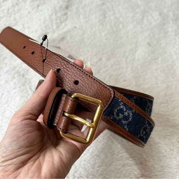 NWT Authentic Gucci Denim-Paneled Leather Belt Blue Size 90 - Picture 4 of 6